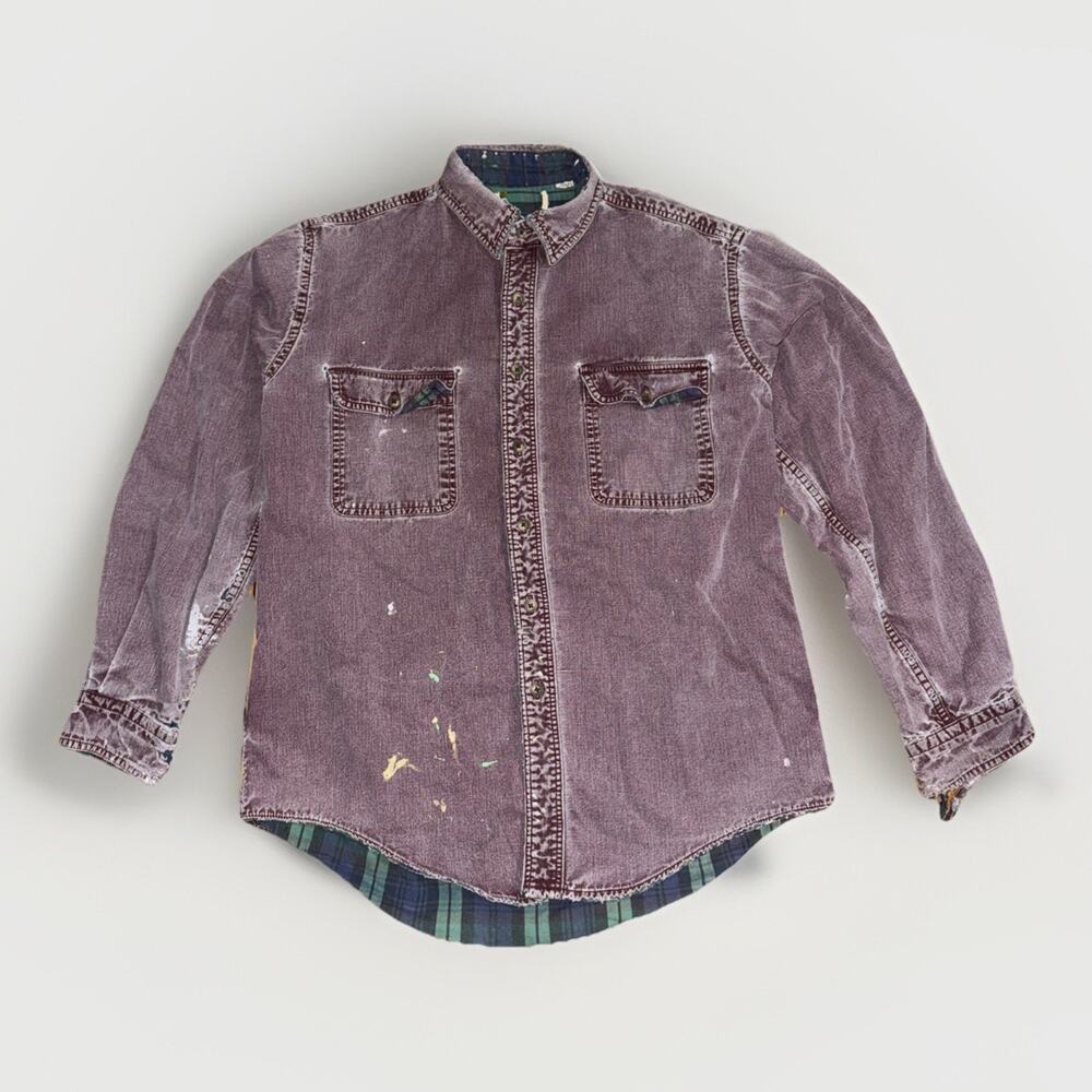 Vintage LL Bean Distressed Red Chambray Double Pocket Chore Shirt W Plaid Large